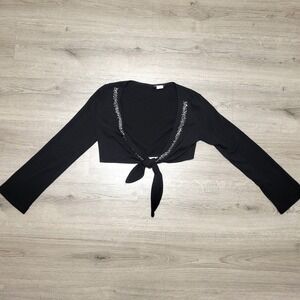 Y2K Vintage Perseption Black Bolero Cropped Tie Front Rhinestone Womens sz M